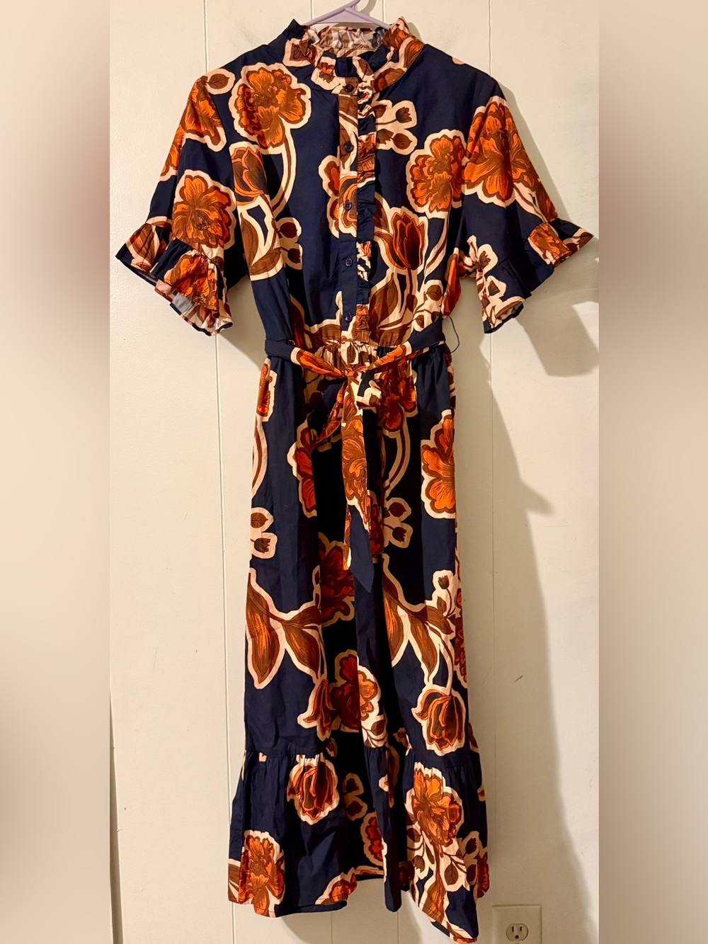 Laroque Original NWOT Front Tie Ruffle Sleeve Midi Navy Orange Dress XL